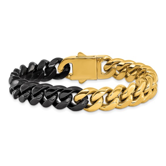 Chisel Stainless Steel Polished Black and Yellow IP-plated 12mm 8.25 inch Curb Link Bracelet