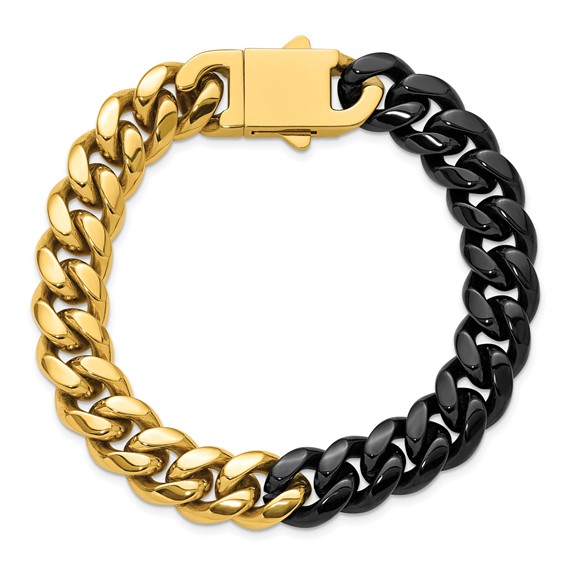 Chisel Stainless Steel Polished Black and Yellow IP-plated 12mm 8.25 inch Curb Link Bracelet