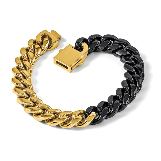 Chisel Stainless Steel Polished Black and Yellow IP-plated 12mm 8.25 inch Curb Link Bracelet