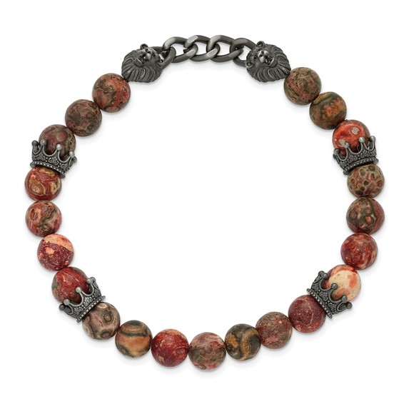 Chisel Stainless Steel Antiqued White Bronze-plated Lion Heads and Crowns 8mm Leopard Stone Beaded 7.5 inch Stretch Bracelet