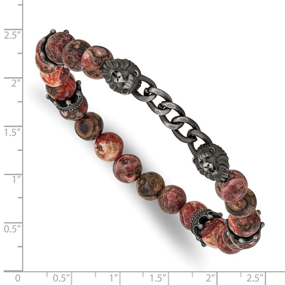 Chisel Stainless Steel Antiqued White Bronze-plated Lion Heads and Crowns 8mm Leopard Stone Beaded 7.5 inch Stretch Bracelet