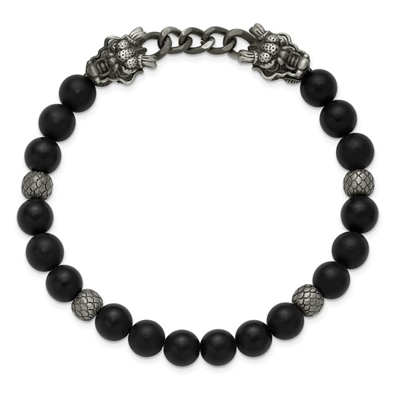 Chisel Stainless Steel Antiqued White Bronze-plated Dragon Heads 8mm Agate and Onyx Beaded 7.5 inch Stretch Bracelet