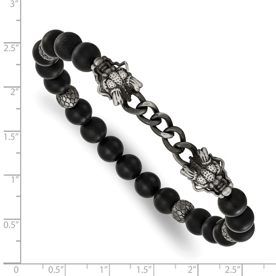 Chisel Stainless Steel Antiqued White Bronze-plated Dragon Heads 8mm Agate and Onyx Beaded 7.5 inch Stretch Bracelet