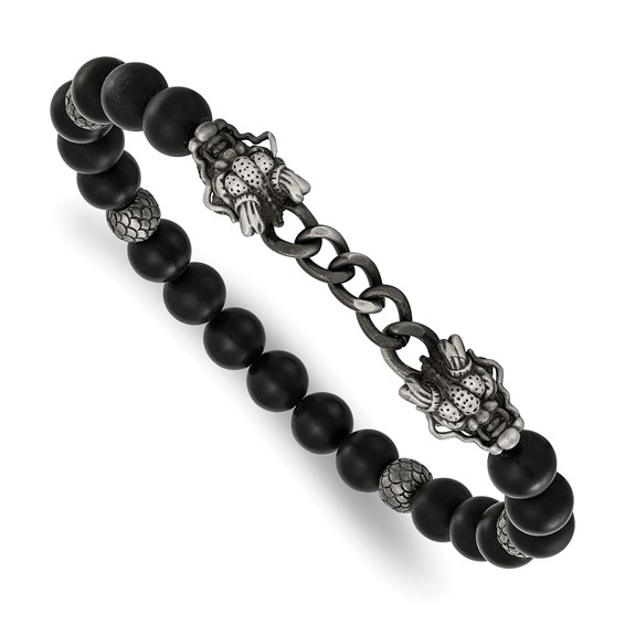 Chisel Stainless Steel Antiqued White Bronze-plated Dragon Heads 8mm Agate and Onyx Beaded 7.5 inch Stretch Bracelet