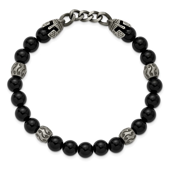 Chisel Stainless Steel Antiqued White Bronze-plated Knight Helmets 8mm Agate and Onyx Beaded 7.75 inch Stretch Bracelet