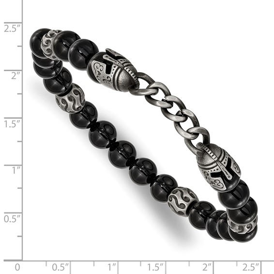 Chisel Stainless Steel Antiqued White Bronze-plated Knight Helmets 8mm Agate and Onyx Beaded 7.75 inch Stretch Bracelet