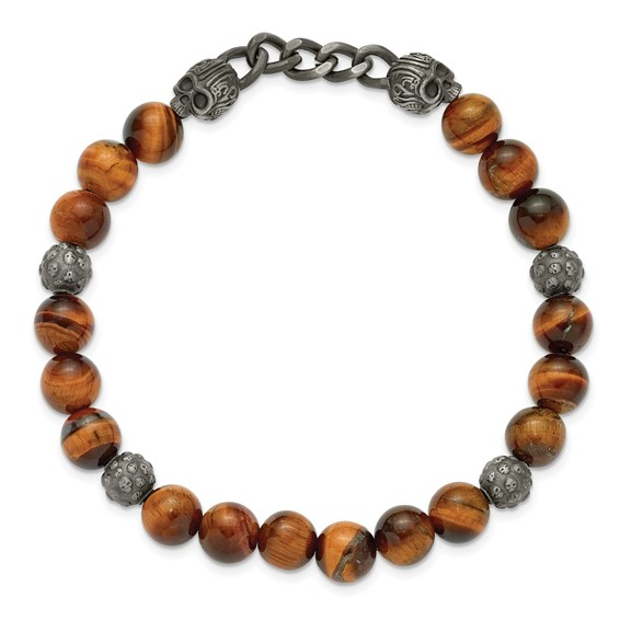 Chisel Stainless Steel Antiqued White Bronze-plated Skulls 8mm Tiger's Eye Beaded 7.5 inch Stretch Bracelet