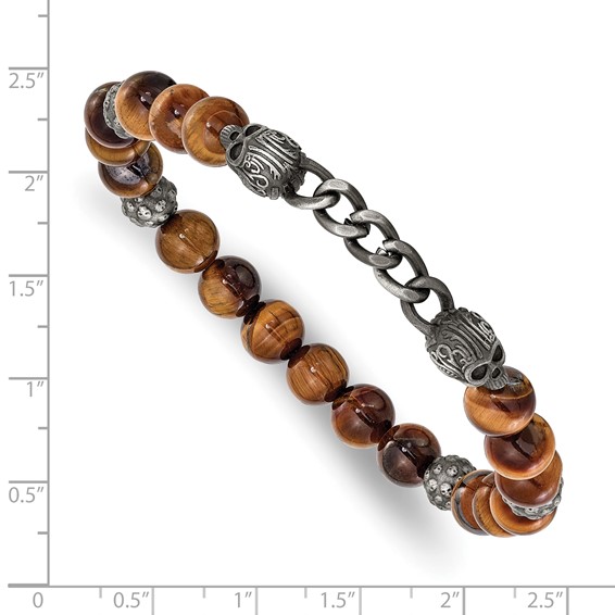 Chisel Stainless Steel Antiqued White Bronze-plated Skulls 8mm Tiger's Eye Beaded 7.5 inch Stretch Bracelet