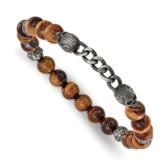 Chisel Stainless Steel Antiqued White Bronze-plated Skulls 8mm Tiger's Eye Beaded 7.5 inch Stretch Bracelet