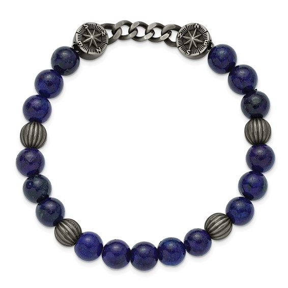 Chisel Stainless Steel Antiqued White Bronze-plated Compass 8.5mm Lapis Beaded 7.5 inch Stretch Bracelet