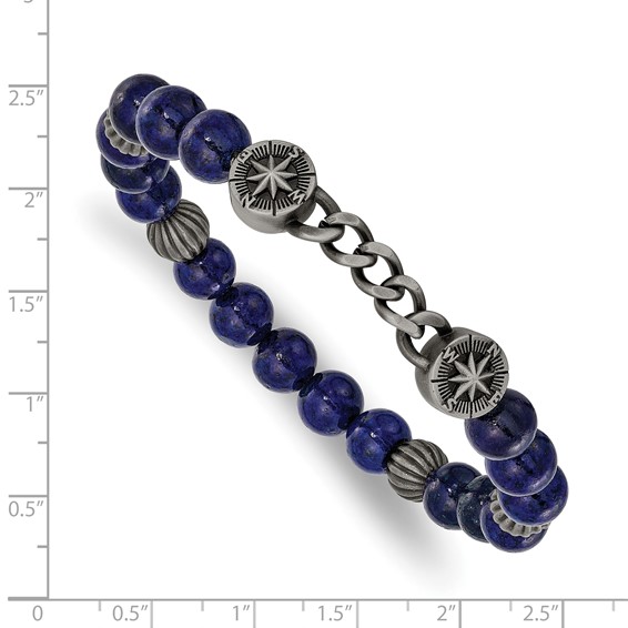 Chisel Stainless Steel Antiqued White Bronze-plated Compass 8.5mm Lapis Beaded 7.5 inch Stretch Bracelet