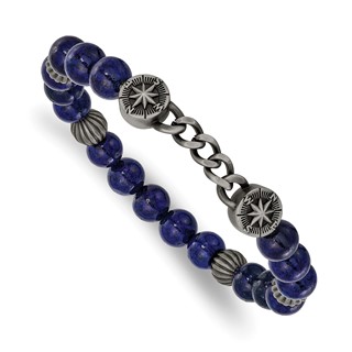 Chisel Stainless Steel Antiqued White Bronze-plated Compass 8.5mm Lapis Beaded 7.5 inch Stretch Bracelet