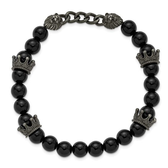 Chisel Stainless Steel Antiqued White Bronze-plated Lions Heads and Crowns 8mm Agate Beaded 7.75 inch Stretch Bracelet