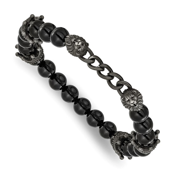 Chisel Stainless Steel Antiqued White Bronze-plated Lions Heads and Crowns 8mm Agate Beaded 7.75 inch Stretch Bracelet