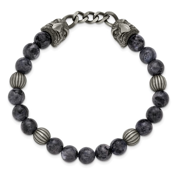 Chisel Stainless Steel Antiqued White Bronze-plated Eagle Heads 8mm Labradorite Beaded 7.25 inch Stretch Bracelet
