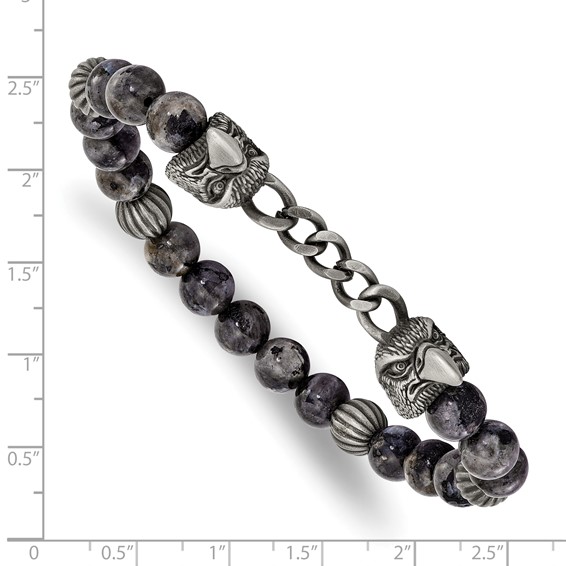 Chisel Stainless Steel Antiqued White Bronze-plated Eagle Heads 8mm Labradorite Beaded 7.25 inch Stretch Bracelet