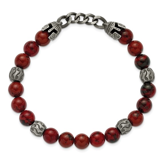 Chisel Stainless Steel Antiqued White Bronze-plated Knight Helmets 8.5mm Red Obsidian Beaded 7.25 inch Stretch Bracelet