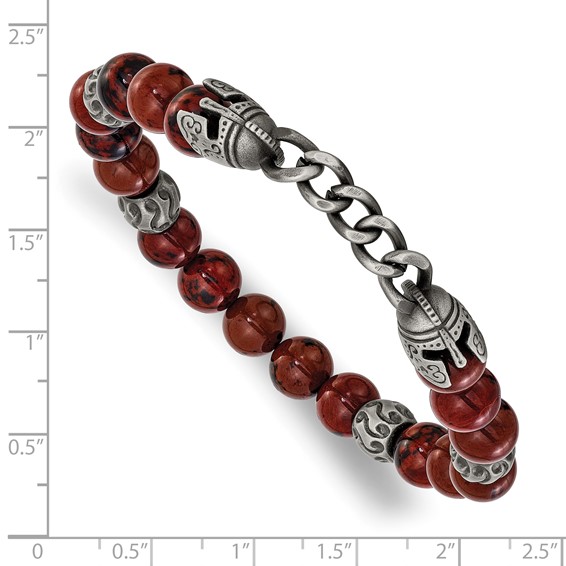 Chisel Stainless Steel Antiqued White Bronze-plated Knight Helmets 8.5mm Red Obsidian Beaded 7.25 inch Stretch Bracelet