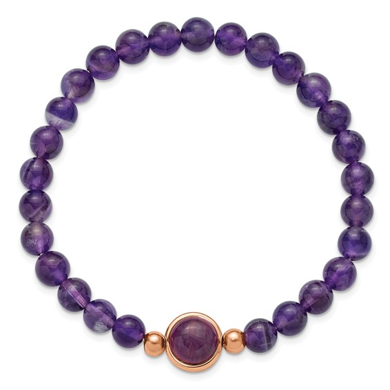 Chisel Stainless Steel Polished Rose IP-plated 6.5mm Amethyst Beaded 7 inch Stretch Bracelet