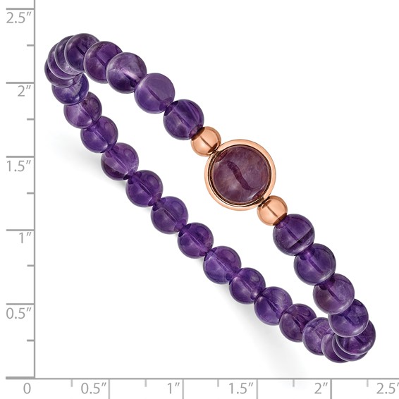 Chisel Stainless Steel Polished Rose IP-plated 6.5mm Amethyst Beaded 7 inch Stretch Bracelet