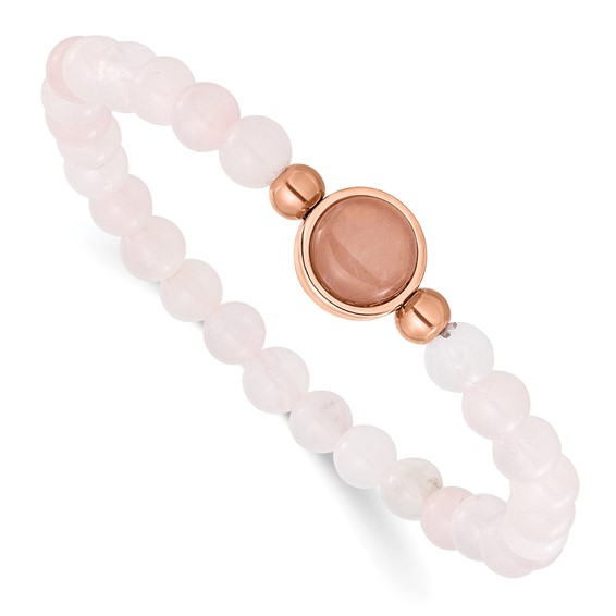 Chisel Stainless Steel Polished Rose IP-plated 6mm Pink Crystal Beaded 7 inch Stretch Bracelet