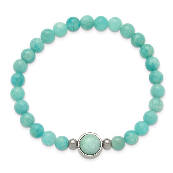 Chisel Stainless Steel Polished 6.5mm China Amazonite Beaded 7 inch Stretch Bracelet