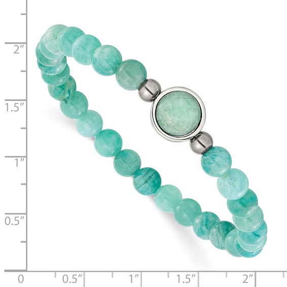 Chisel Stainless Steel Polished 6.5mm China Amazonite Beaded 7 inch Stretch Bracelet