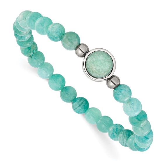 Chisel Stainless Steel Polished 6.5mm China Amazonite Beaded 7 inch Stretch Bracelet