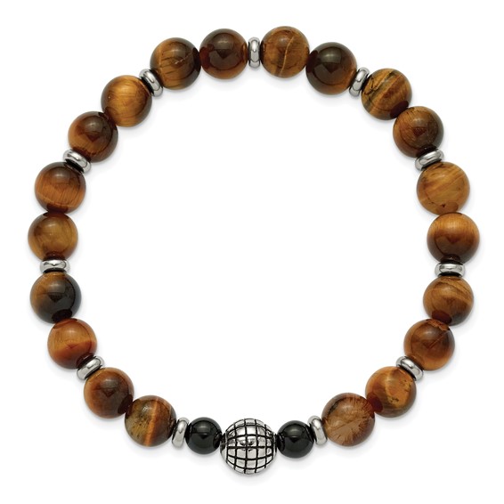 Chisel Stainless Steel Antiqued and Polished 6-8mm Agate and Tiger's Eye Beaded 7 inch Stretch Bracelet