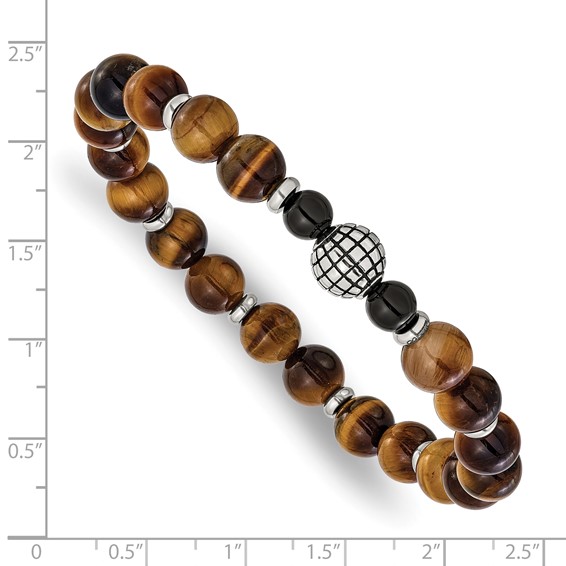 Chisel Stainless Steel Antiqued and Polished 6-8mm Agate and Tiger's Eye Beaded 7 inch Stretch Bracelet