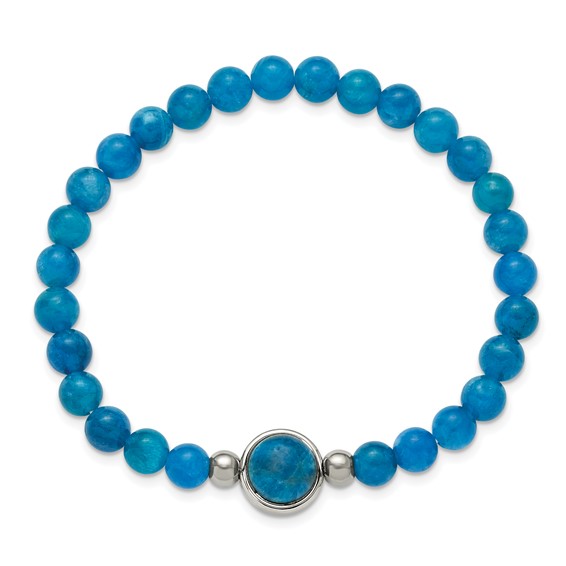 Chisel Stainless Steel Polished 6mm Blue Apatite Beaded 7 inch Stretch Bracelet