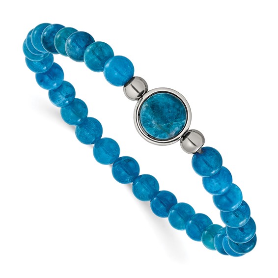 Chisel Stainless Steel Polished 6mm Blue Apatite Beaded 7 inch Stretch Bracelet