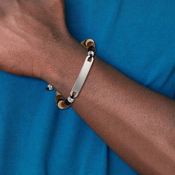 "Chisel Stainless Steel Polished Camphor, Tigerwood and Onyx Beaded Black Nylon 6.75 inch to 8.5 inch Adjustable ID Bracelet"