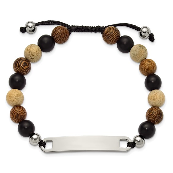 "Chisel Stainless Steel Polished Camphor, Tigerwood and Onyx Beaded Black Nylon 6.75 inch to 8.5 inch Adjustable ID Bracelet"