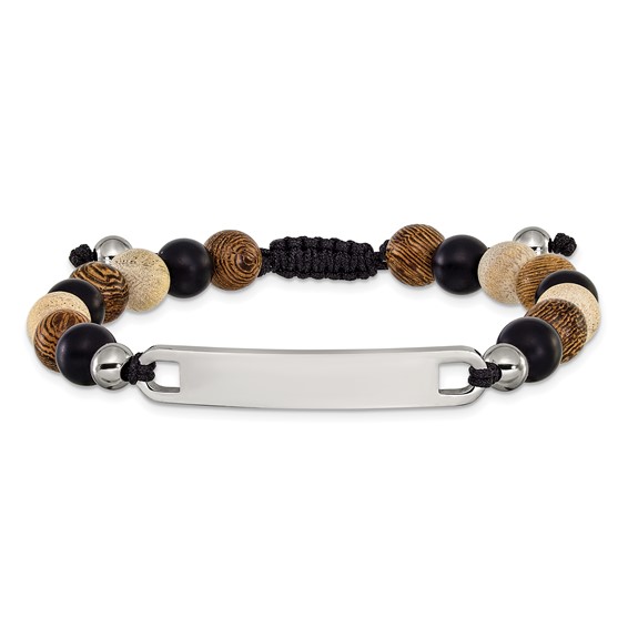 "Chisel Stainless Steel Polished Camphor, Tigerwood and Onyx Beaded Black Nylon 6.75 inch to 8.5 inch Adjustable ID Bracelet"