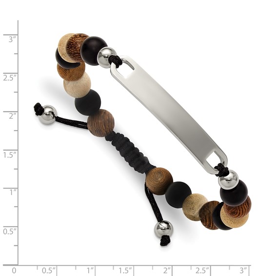 "Chisel Stainless Steel Polished Camphor, Tigerwood and Onyx Beaded Black Nylon 6.75 inch to 8.5 inch Adjustable ID Bracelet"