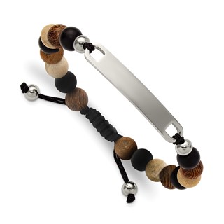 "Chisel Stainless Steel Polished Camphor, Tigerwood and Onyx Beaded Black Nylon 6.75 inch to 8.5 inch Adjustable ID Bracelet"