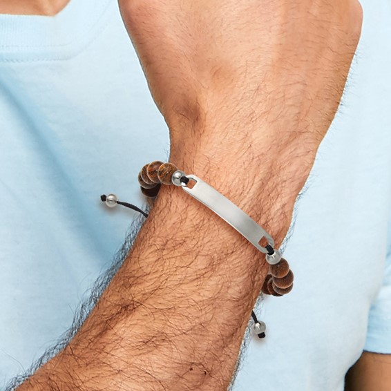 Chisel Stainless Steel Brushed 8mm Tigerwood Beaded Black Nylon 7 inch to 9 inch Adjustable ID Bracelet