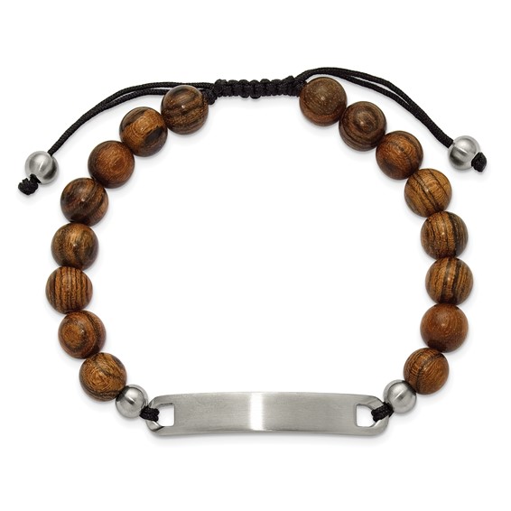 Chisel Stainless Steel Brushed 8mm Tigerwood Beaded Black Nylon 7 inch to 9 inch Adjustable ID Bracelet