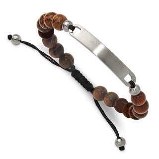 Chisel Stainless Steel Brushed 8mm Tigerwood Beaded Black Nylon 7 inch to 9 inch Adjustable ID Bracelet