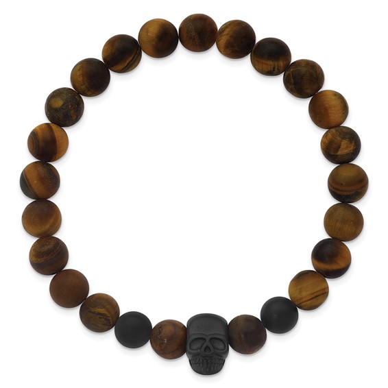 Stainless Steel Matte Black IP Skull TigersEye/Onyx Beaded Stretch Bracelet