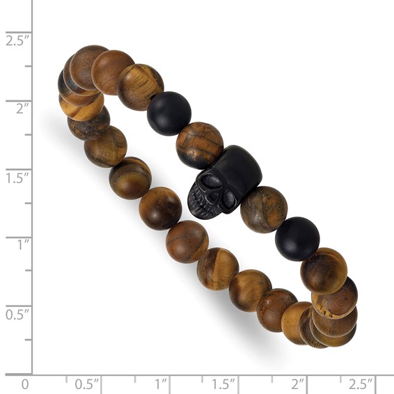 Stainless Steel Matte Black IP Skull TigersEye/Onyx Beaded Stretch Bracelet