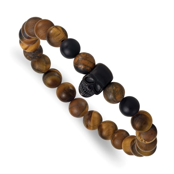 Stainless Steel Matte Black IP Skull TigersEye/Onyx Beaded Stretch Bracelet
