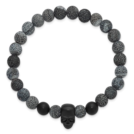 Stainless Steel Matte Black IP Skull Black Striate Stone Stretch Bracelet