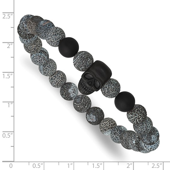 Stainless Steel Matte Black IP Skull Black Striate Stone Stretch Bracelet