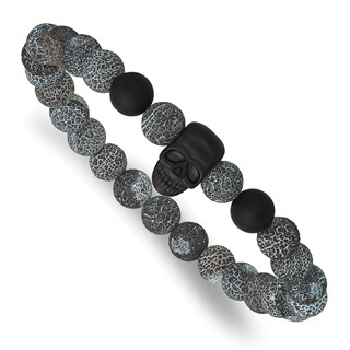 Stainless Steel Matte Black IP Skull Black Striate Stone Stretch Bracelet