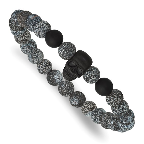 Stainless Steel Matte Black IP Skull Black Striate Stone Stretch Bracelet