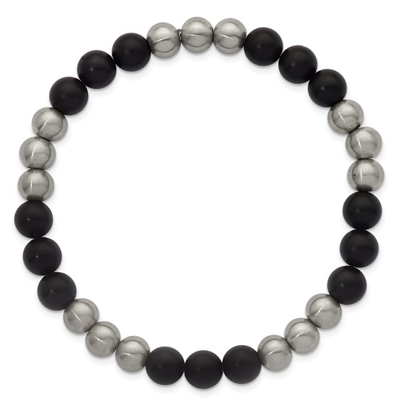 Stainless Steel Brushed Matte Onyx Beaded Stretch Bracelet