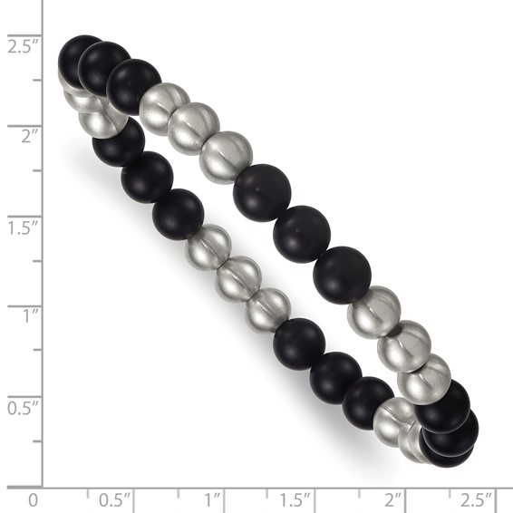 Stainless Steel Brushed Matte Onyx Beaded Stretch Bracelet