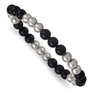 Stainless Steel Brushed Matte Onyx Beaded Stretch Bracelet